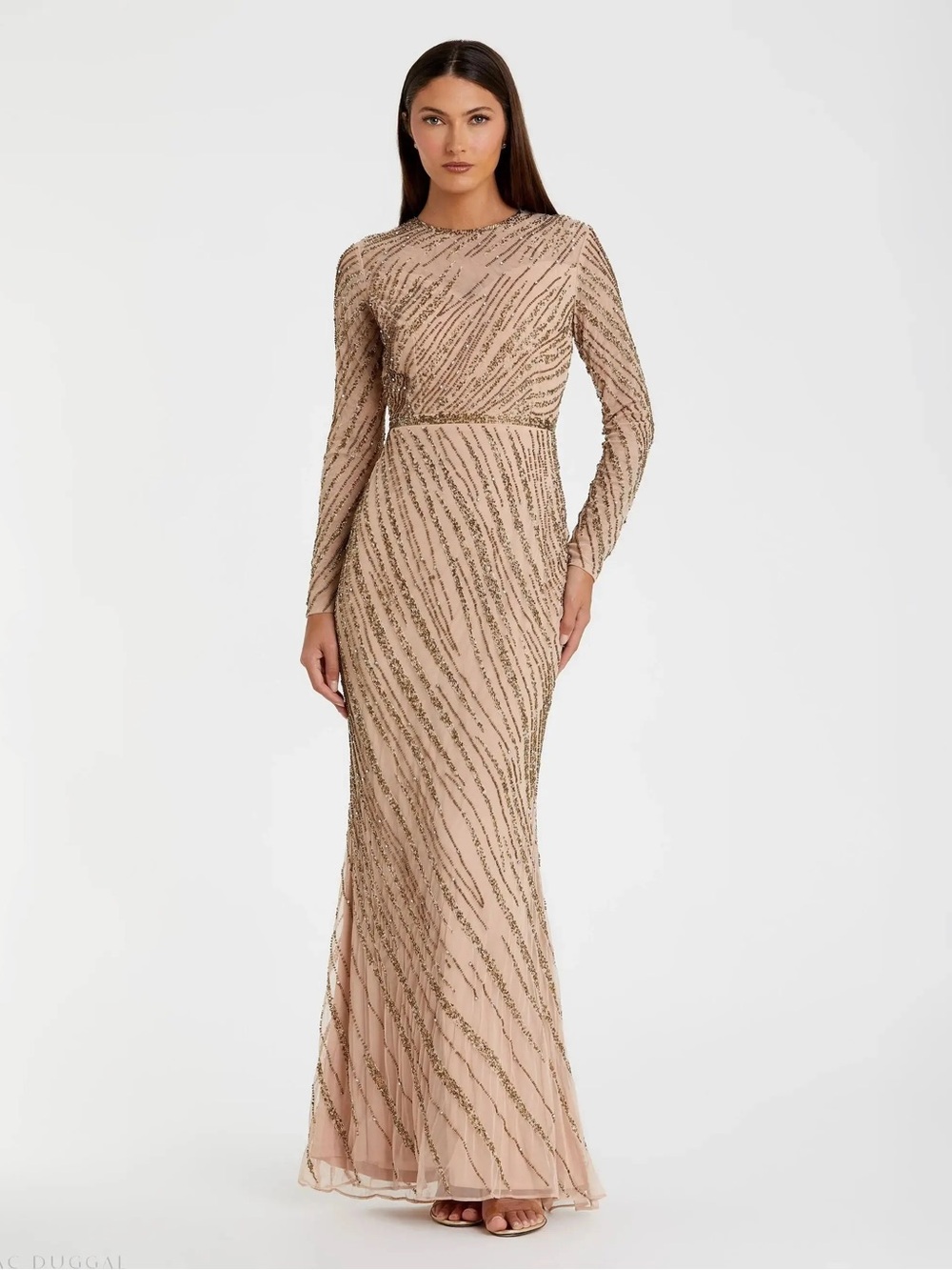Mac Duggal 5240 Long Sleeve Beaded column  Gown in mocha size 8